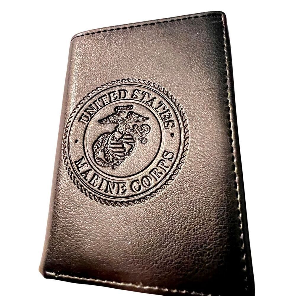 US Marine Corps Logo Genuine RFID Protection Leather TRIFOLD Wallet in Black